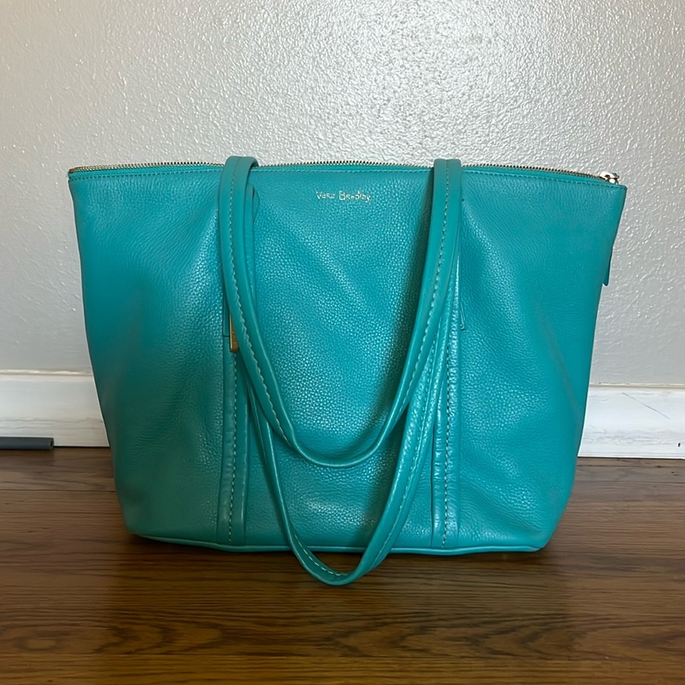Vera Bradley turquoise soft leather tote, perfect for spring! Light wear/edges